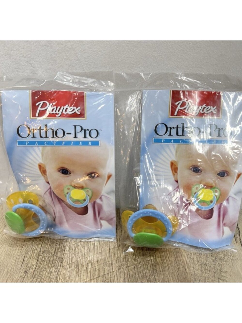 Vintage Playtex Latex Ortho-Pro Pacifier Binky Lot Of 2 Blue Green Yellow NEW